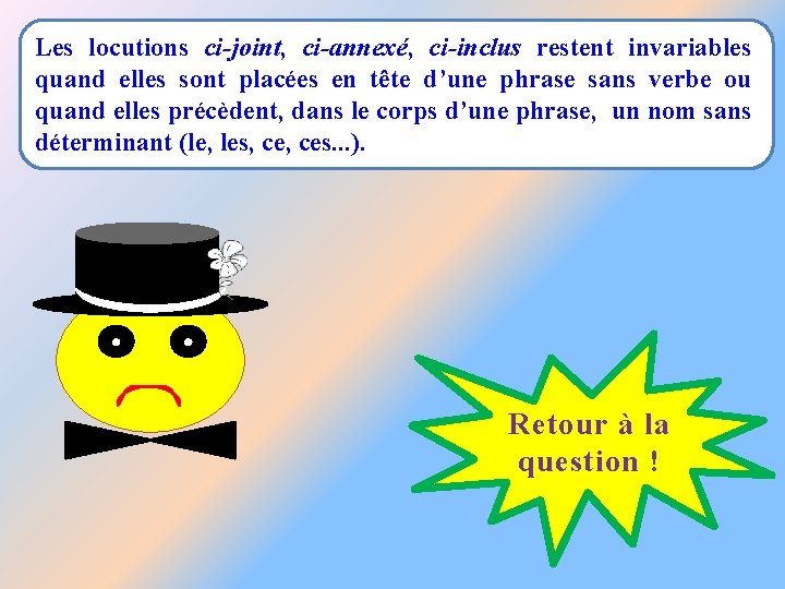 Les locutions ci-joint, ci-annexé, ci-inclus restent invariables quand elles sont placées en tête d’une