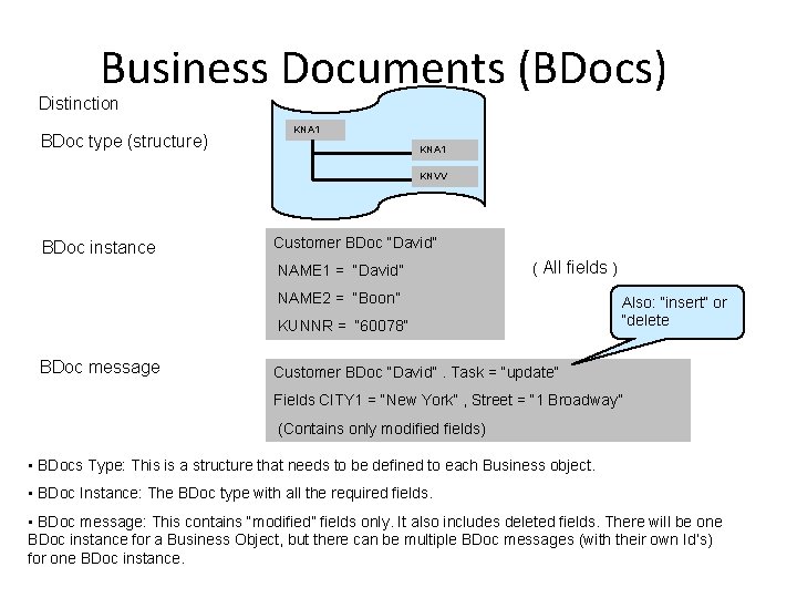 Business Documents (BDocs) Distinction BDoc type (structure) KNA 1 KNVV BDoc instance Customer BDoc