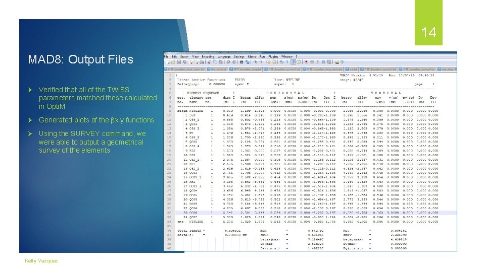 14 MAD 8: Output Files Ø Verified that all of the TWISS parameters matched 14 MAD 8: Output Files Ø Verified that all of the TWISS parameters matched