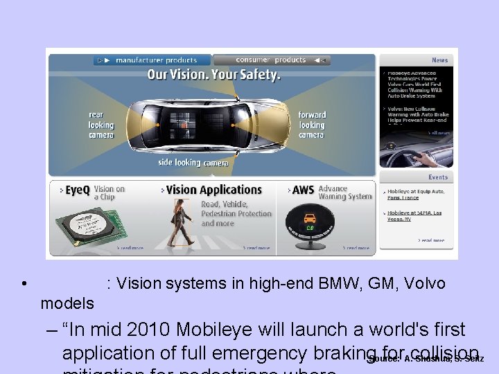 Automotive safety • Mobileye: Vision systems in high-end BMW, GM, Volvo models – “In