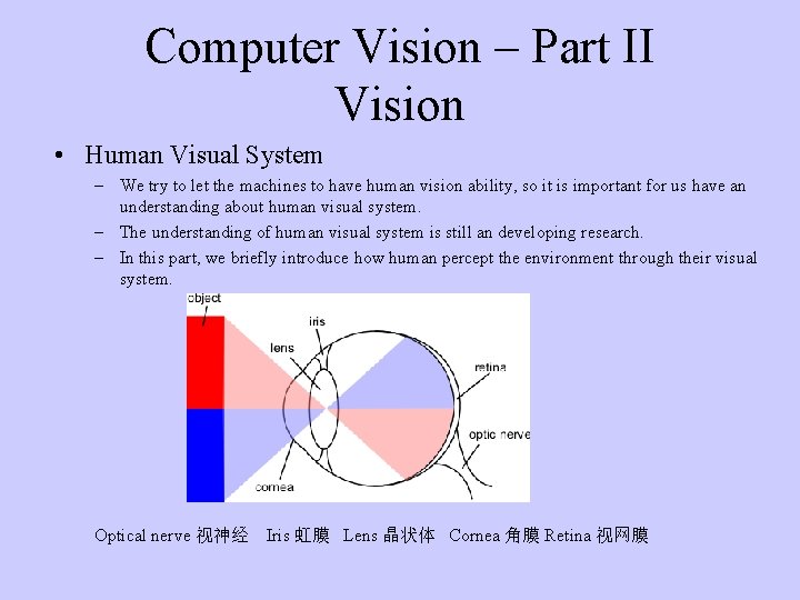 Computer Vision – Part II Vision • Human Visual System – We try to