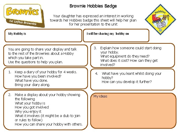 Brownie Hobbies Badge Your daughter has expressed an interest in working towards her Hobbies