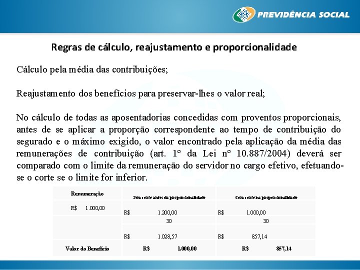 Regras de cálculo, reajustamento e proporcionalidade Cálculo pela média das contribuições; Reajustamento dos benefícios