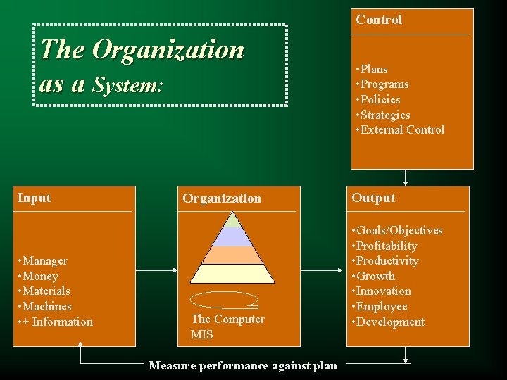 Control The Organization as a System: Input • Manager • Money • Materials •