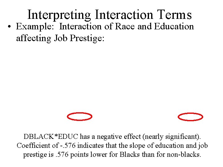 Interpreting Interaction Terms • Example: Interaction of Race and Education affecting Job Prestige: DBLACK*EDUC Interpreting Interaction Terms • Example: Interaction of Race and Education affecting Job Prestige: DBLACK*EDUC