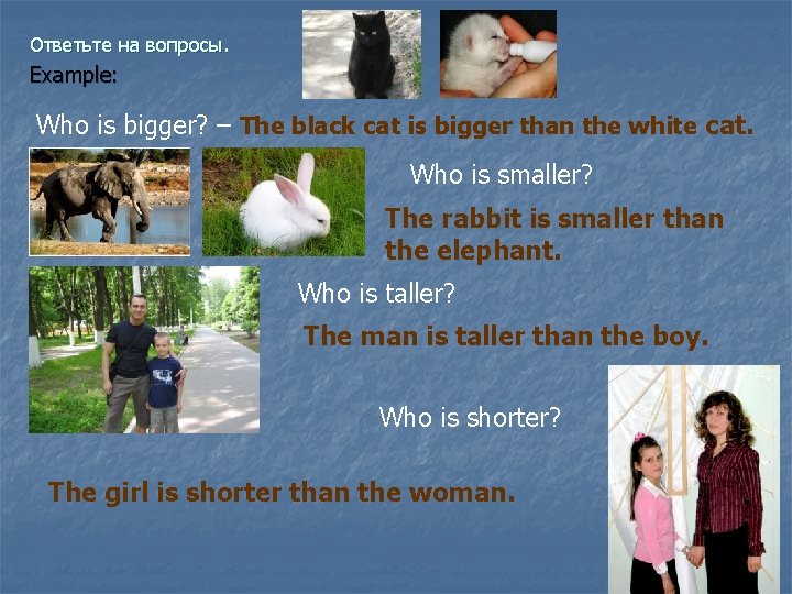 Ответьте на вопросы. Example: Who is bigger? – The black cat is bigger than