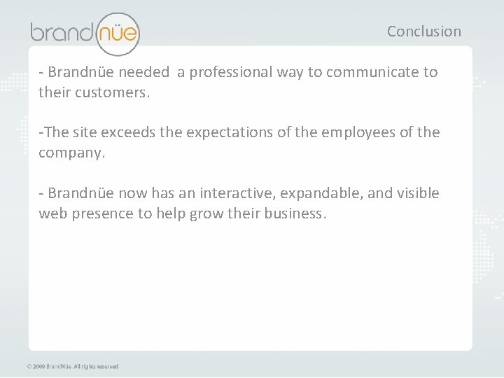 Conclusion - Brandnüe needed a professional way to communicate to their customers. -The site