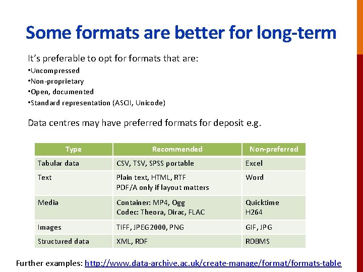 Some formats are better for long-term It’s preferable to opt formats that are: •