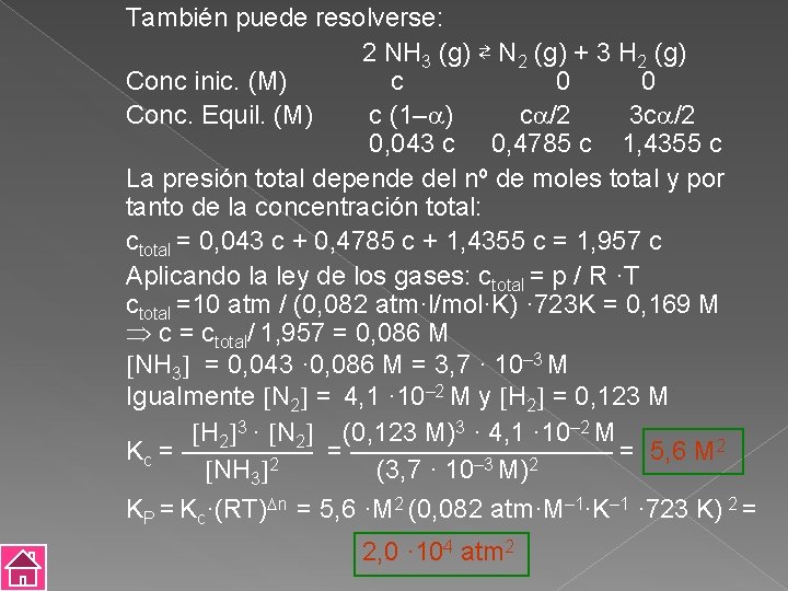 También puede resolverse: 2 NH 3 (g) ⇄ N 2 (g) + 3 H