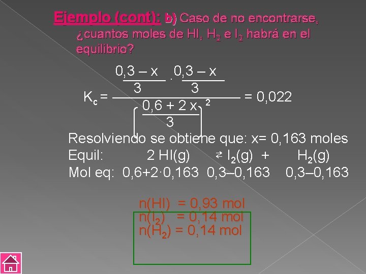 Ejemplo (cont): b) Caso de no encontrarse, ¿cuantos moles de HI, H 2 e