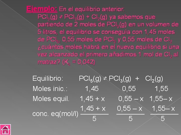 Ejemplo: En el equilibrio anterior: PCl 5(g) ⇄ PCl 3(g) + Cl 2(g) ya