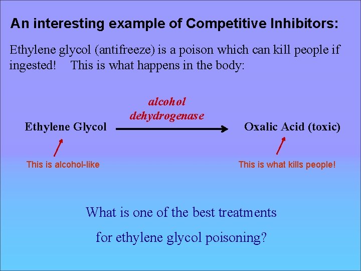 An interesting example of Competitive Inhibitors: Ethylene glycol (antifreeze) is a poison which can