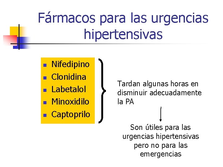 Fármacos para las urgencias hipertensivas n n n Nifedipino Clonidina Labetalol Minoxidilo Captoprilo Tardan