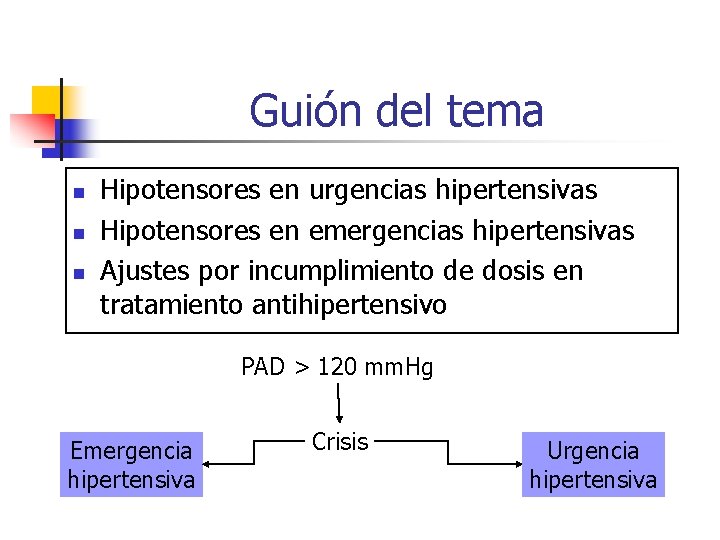 Guión del tema n n n Hipotensores en urgencias hipertensivas Hipotensores en emergencias hipertensivas