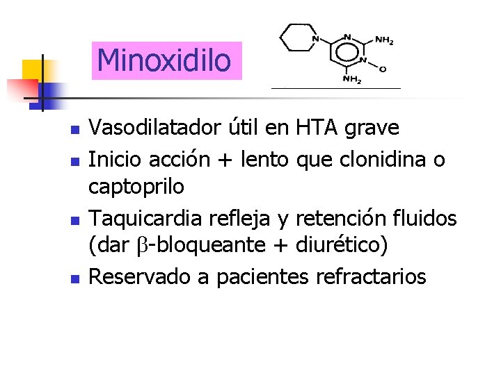 Minoxidilo n n Vasodilatador útil en HTA grave Inicio acción + lento que clonidina
