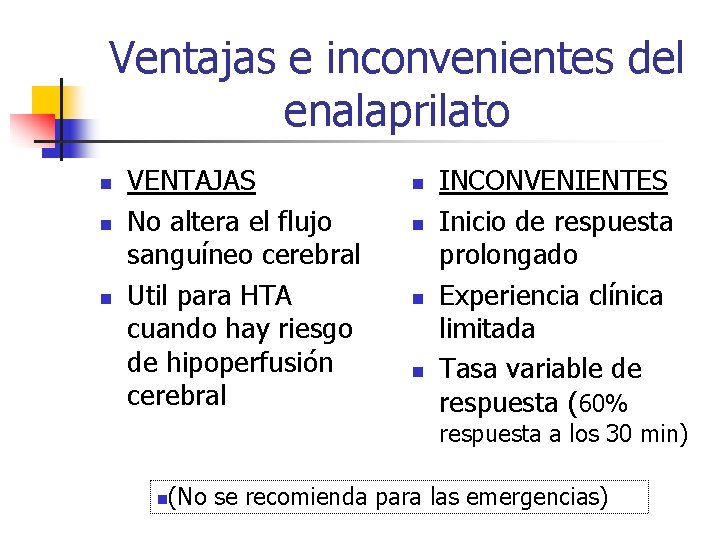 Ventajas e inconvenientes del enalaprilato n n n VENTAJAS No altera el flujo sanguíneo