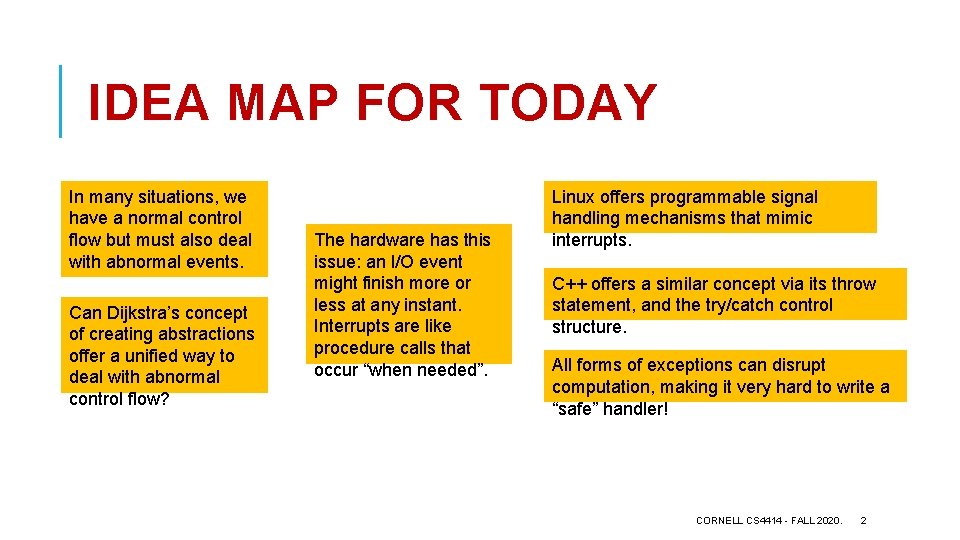 IDEA MAP FOR TODAY In many situations, we have a normal control flow but