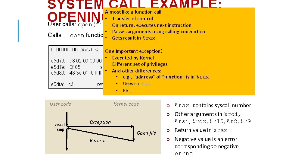 SYSTEM CALL EXAMPLE: • OPENING FILE User calls: open(filename, options) • Almost like a