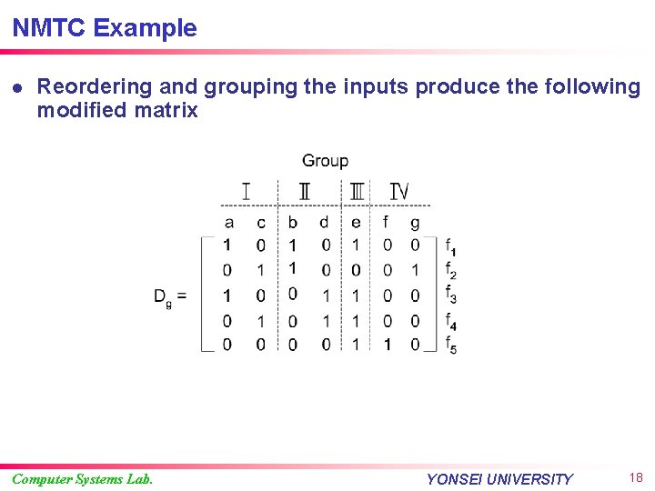 NMTC Example l Reordering and grouping the inputs produce the following modified matrix Computer