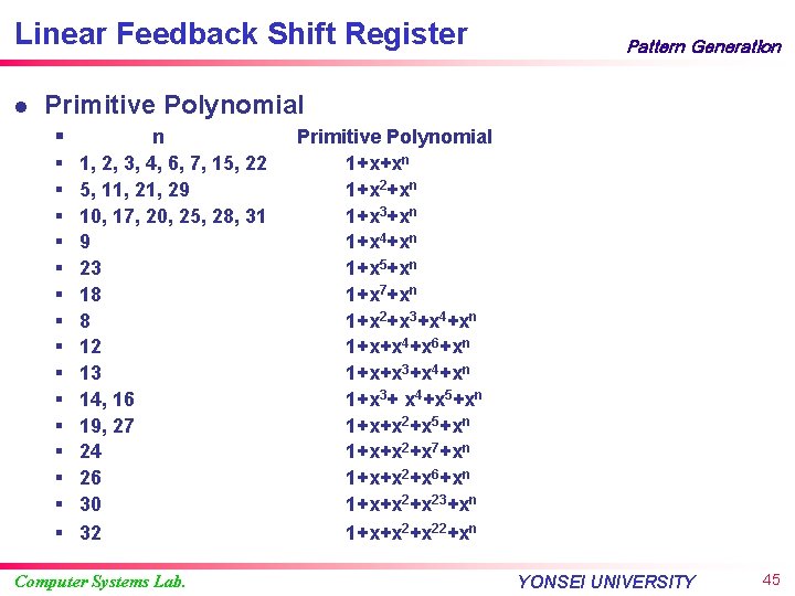 Linear Feedback Shift Register l Pattern Generation Primitive Polynomial § § § § n