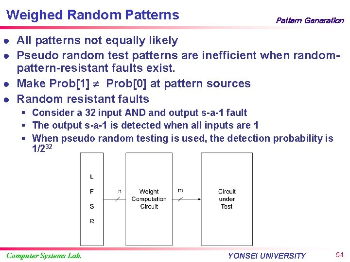 Weighed Random Patterns l l Pattern Generation All patterns not equally likely Pseudo random