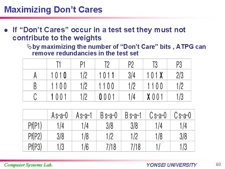 Maximizing Don’t Cares l If “Don’t Cares” occur in a test set they must