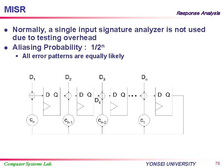 MISR l l Response Analysis Normally, a single input signature analyzer is not used