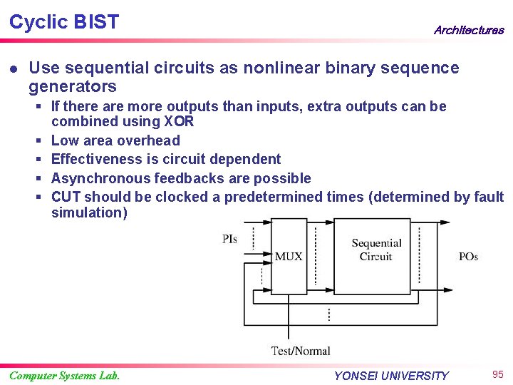 Cyclic BIST l Architectures Use sequential circuits as nonlinear binary sequence generators § If