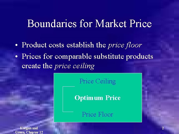 Boundaries for Market Price • Product costs establish the price floor • Prices for