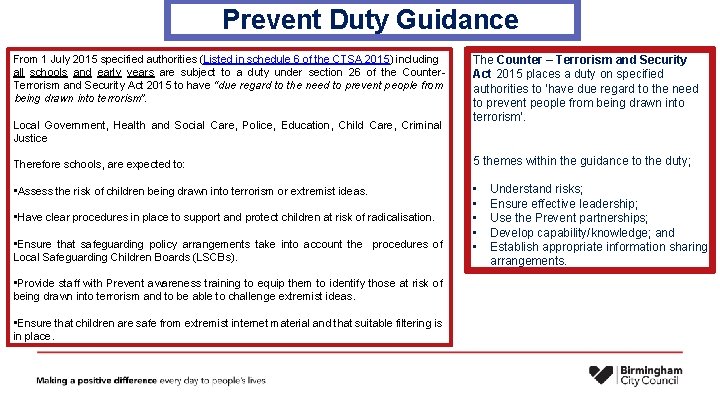 Prevent Duty Guidance From 1 July 2015 specified authorities (Listed in schedule 6 of