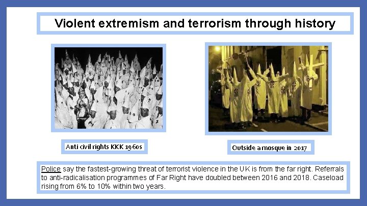 Violent extremism and terrorism through history Anti civil rights KKK 1960 s Outside a