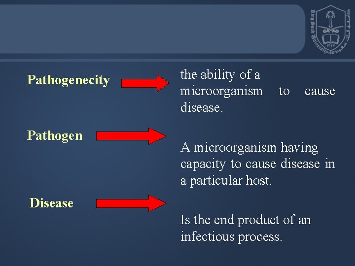 Pathogenecity Pathogen the ability of a microorganism disease. to cause A microorganism having capacity