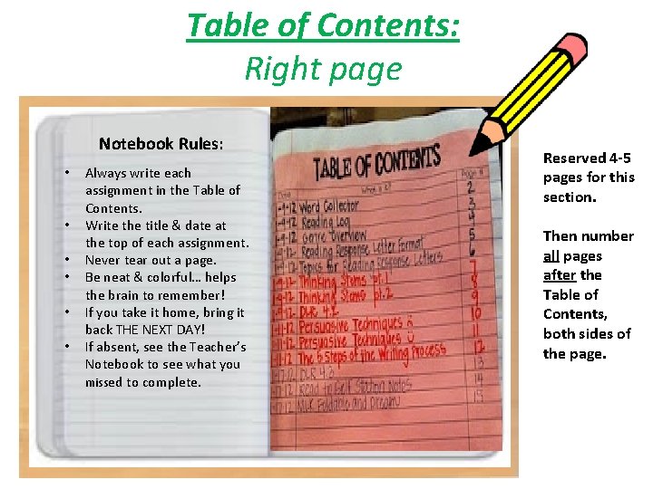 Table of Contents: Right page Notebook Rules: • • • Always write each assignment