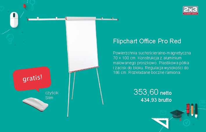 Flipchart Office Pro Red Powierzchnia suchościeralno-magnetyczna 70 × 100 cm. Konstrukcja z aluminium malowanego