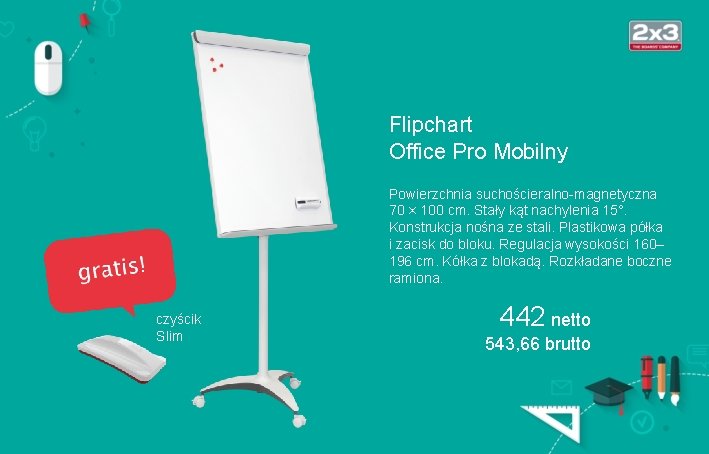 Flipchart Office Pro Mobilny Powierzchnia suchościeralno-magnetyczna 70 × 100 cm. Stały kąt nachylenia 15°.