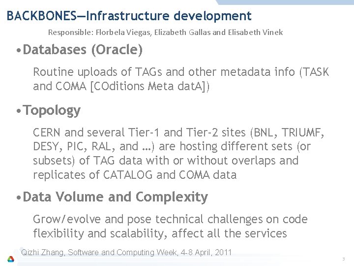 BACKBONES—Infrastructure development Responsible: Florbela Viegas, Elizabeth Gallas and Elisabeth Vinek • Databases (Oracle) Routine