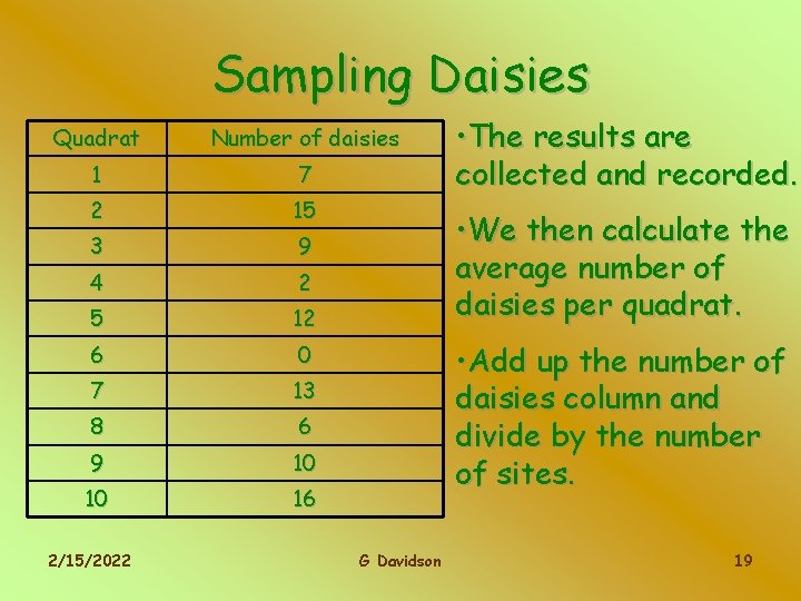 Sampling Daisies Quadrat Number of daisies 1 7 2 15 3 9 4 2
