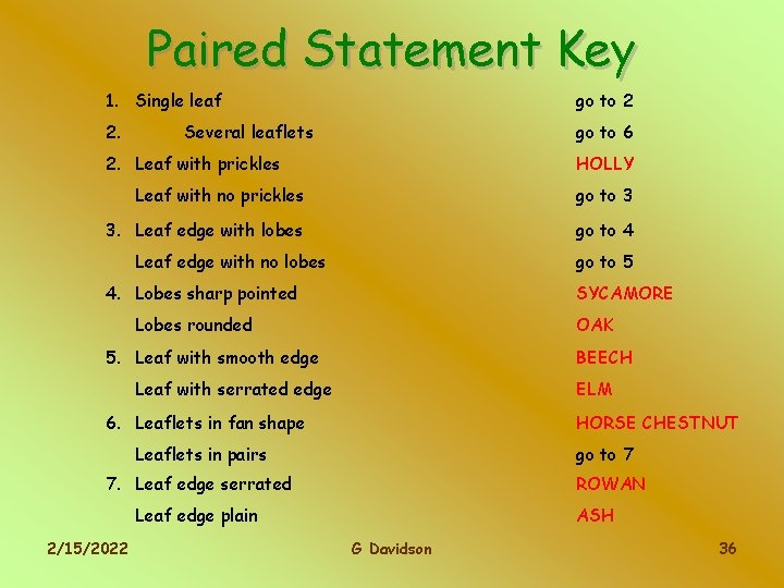 Paired Statement Key 1. Single leaf go to 2 2. go to 6 Several