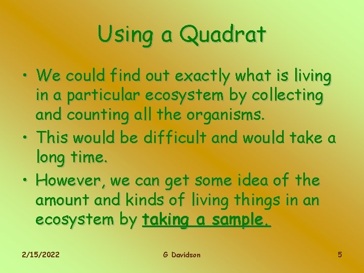 Using a Quadrat • We could find out exactly what is living in a