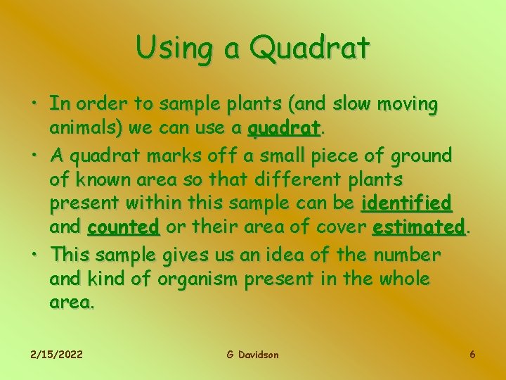 Using a Quadrat • In order to sample plants (and slow moving animals) we
