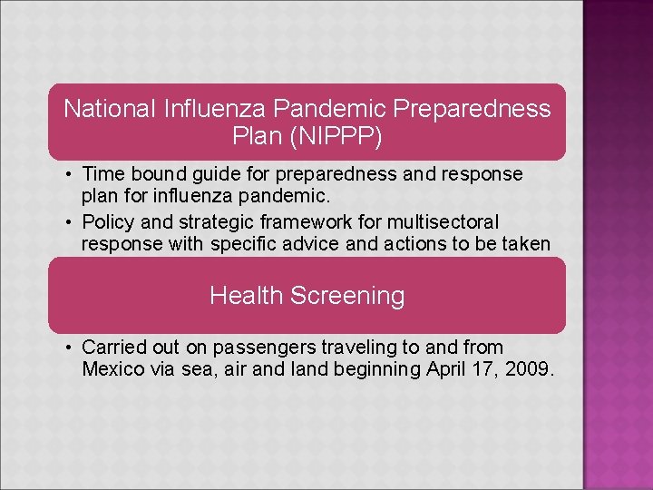 National Influenza Pandemic Preparedness Plan (NIPPP) • Time bound guide for preparedness and response