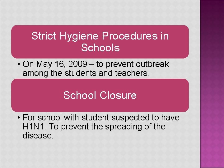 Strict Hygiene Procedures in Schools • On May 16, 2009 – to prevent outbreak