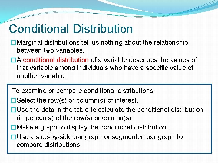 Conditional Distribution �Marginal distributions tell us nothing about the relationship between two variables. �A Conditional Distribution �Marginal distributions tell us nothing about the relationship between two variables. �A