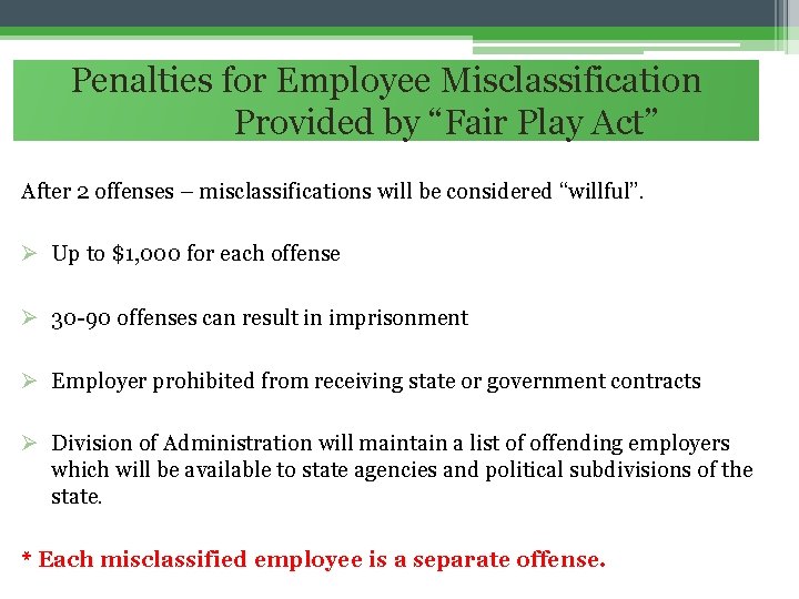 Penalties for Employee Misclassification Provided by “Fair Play Act” After 2 offenses – misclassifications