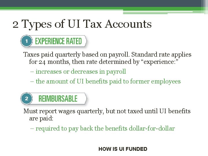 2 Types of UI Tax Accounts Taxes paid quarterly based on payroll. Standard rate
