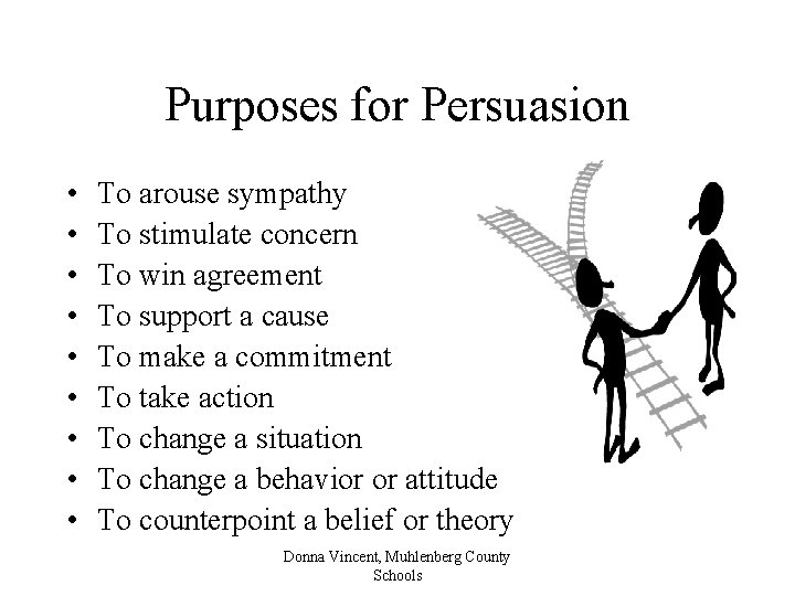 Purposes for Persuasion • • • To arouse sympathy To stimulate concern To win