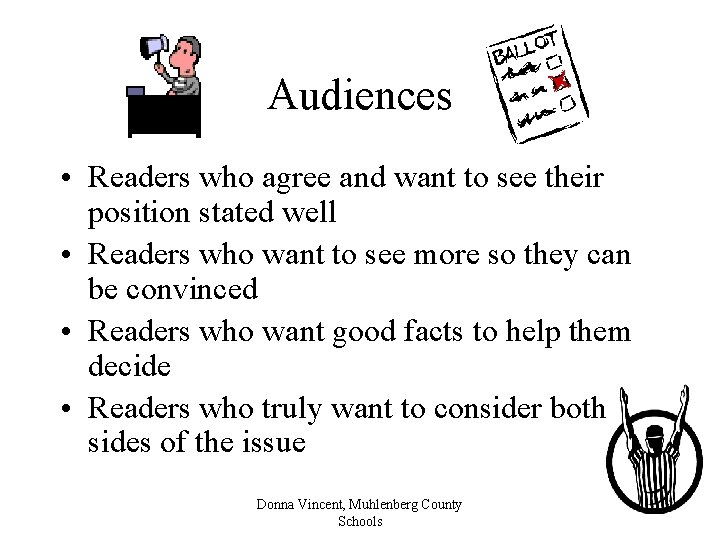 Audiences • Readers who agree and want to see their position stated well •