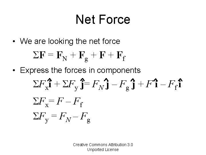 Net Force • We are looking the net force ΣF = FN + Fg
