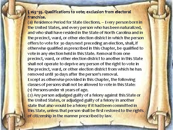 § 163‑ 55. Qualifications to vote; exclusion from electoral franchise. (a) Residence Period for § 163‑ 55. Qualifications to vote; exclusion from electoral franchise. (a) Residence Period for