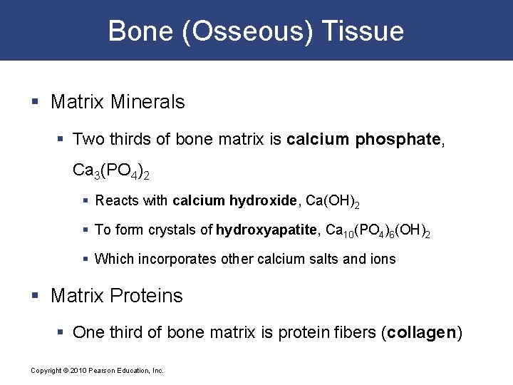 Bone (Osseous) Tissue § Matrix Minerals § Two thirds of bone matrix is calcium